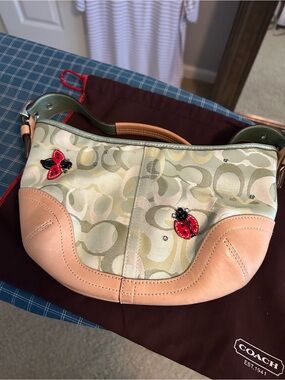 Coach Signature Hobo with Red Ladybug Accents — Green and Tan